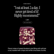 Cross-section of a David Blueberry Pie protein bar with a positive customer review and flavor description