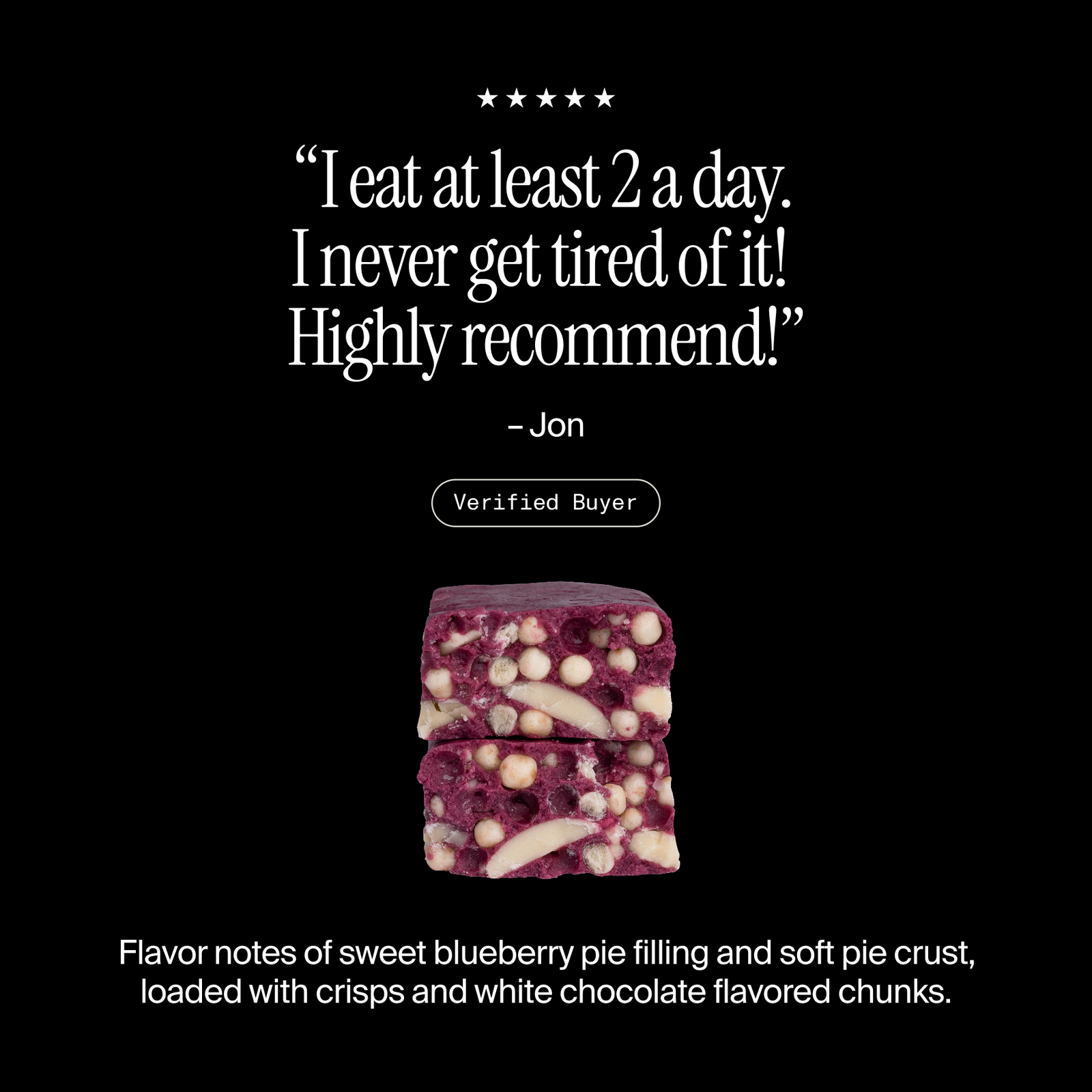 Cross-section of a David Blueberry Pie protein bar with a positive customer review and flavor description