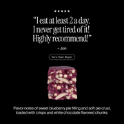Cross-section of a David Blueberry Pie protein bar with a positive customer review and flavor description