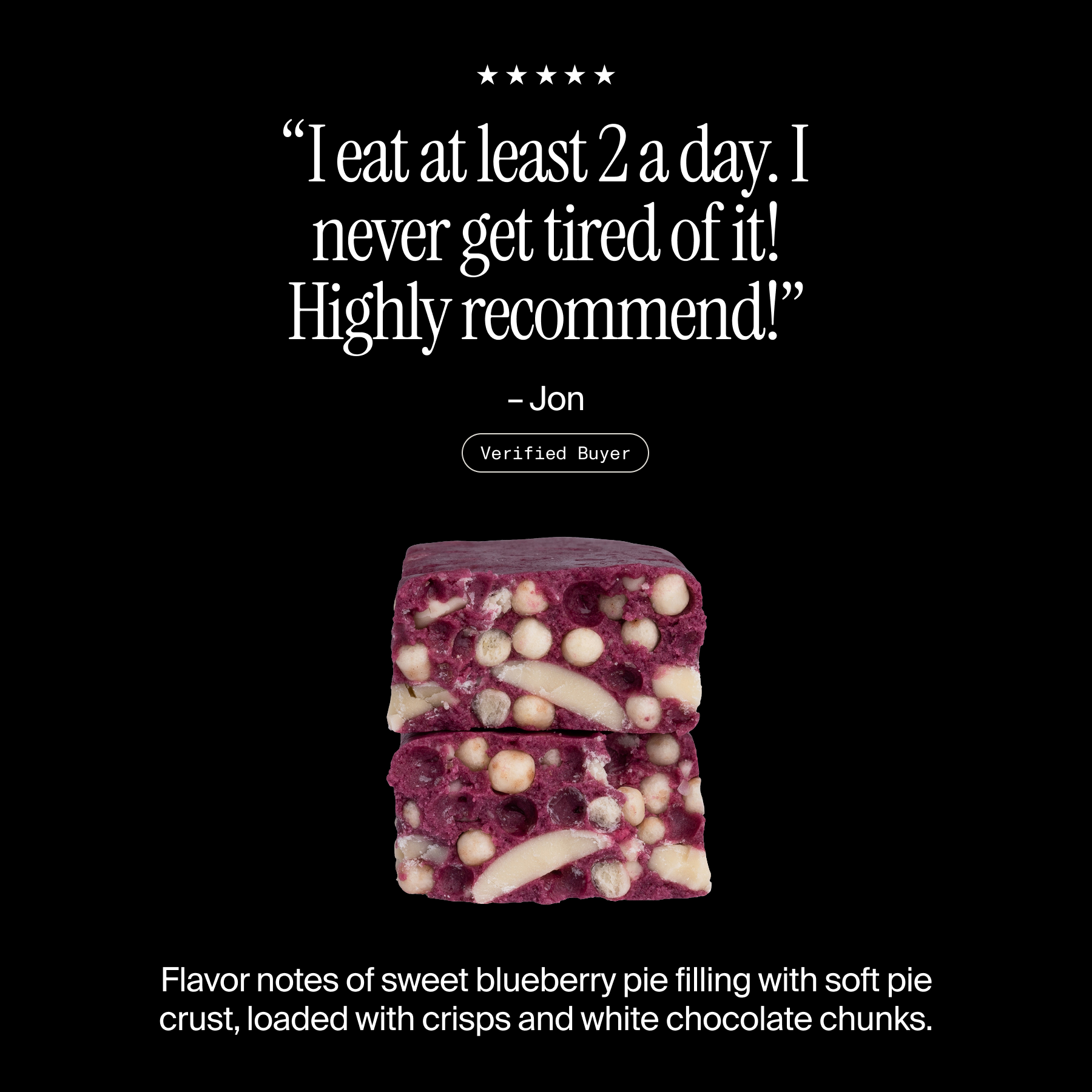 Cross-section of a David Blueberry Pie protein bar with a positive customer review and flavor description