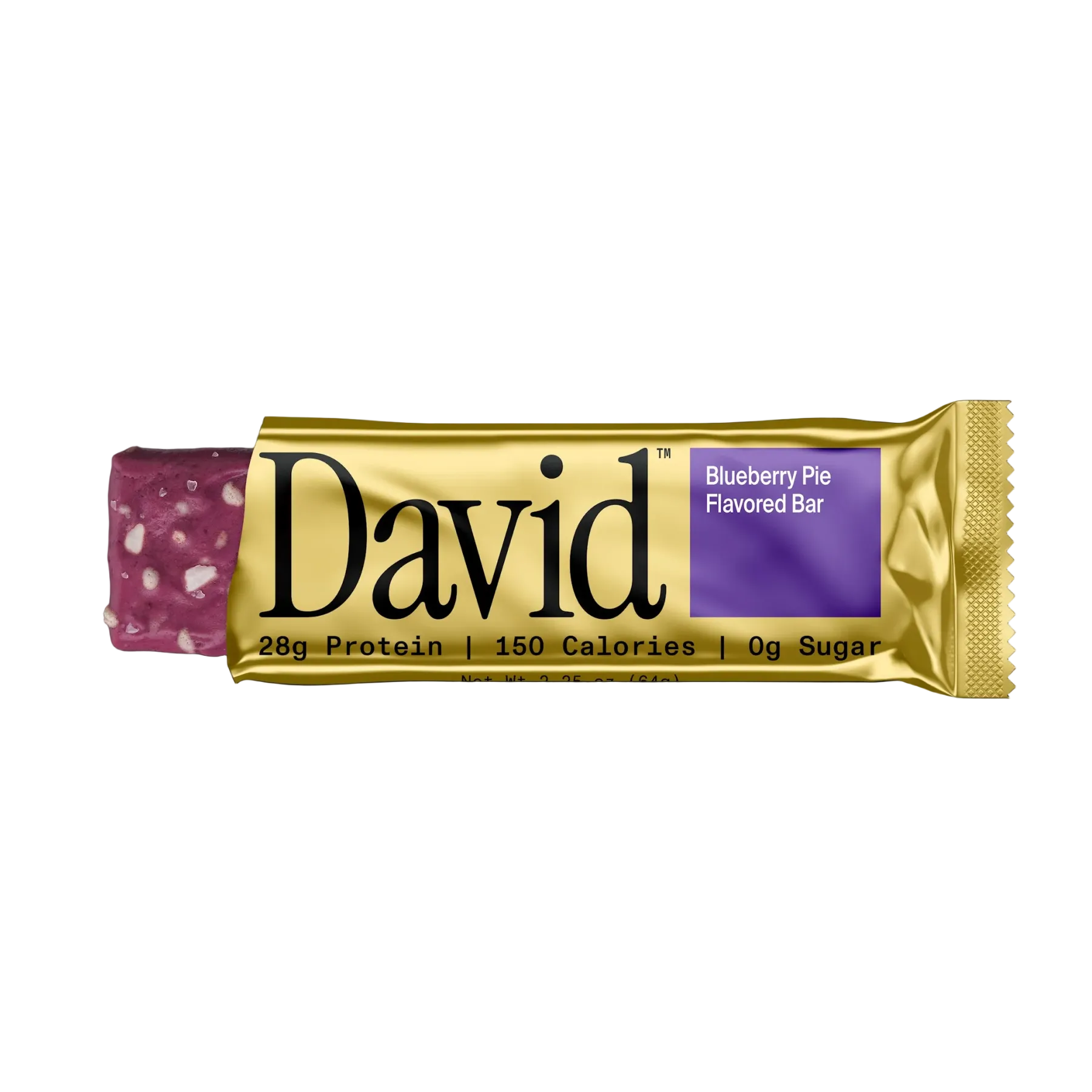 David Blueberry Pie flavored protein bar on a black background