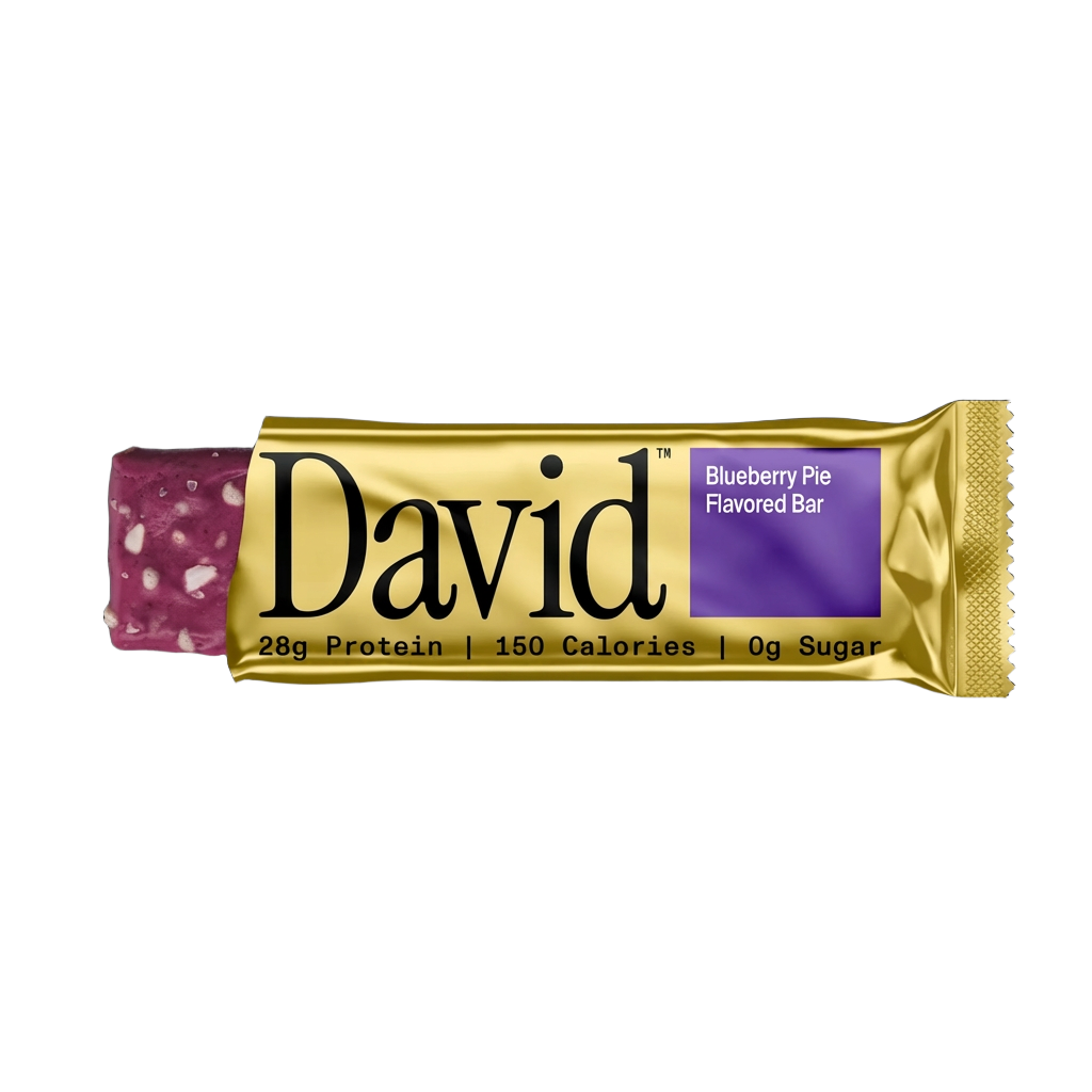David Blueberry Pie flavored protein bar on a black background