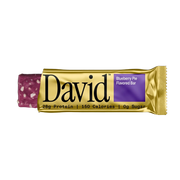 David Blueberry Pie flavored protein bar on a black background