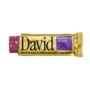 David Blueberry Pie flavored protein bar on a black background