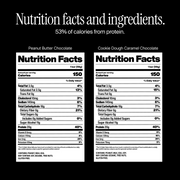 Nutrition facts and ingredients label for double chocolate and cookie dough caramel chocolate bars.