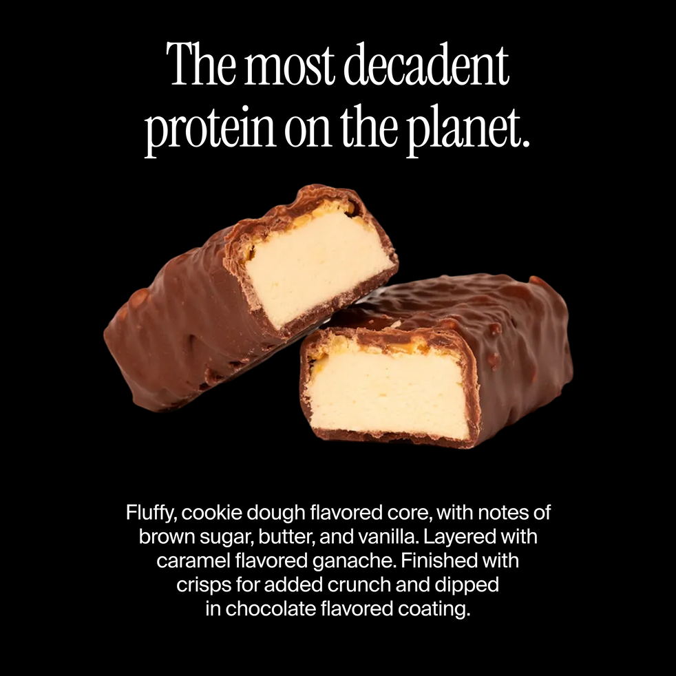 Cross-section of a David cookie dough caramel chocolate flavored protein bar with a flavor description