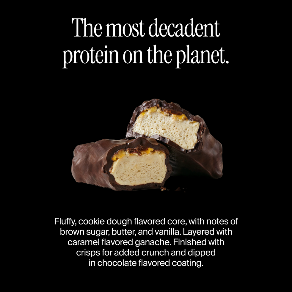 Cross-section of a David cookie dough caramel chocolate flavored protein bar with a flavor description