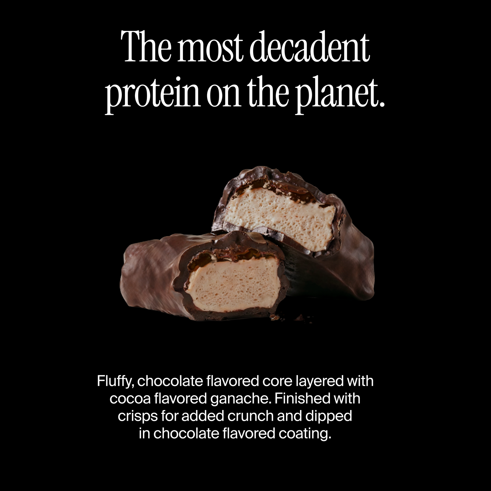 Cross-section of a David double chocolate flavored protein bar with a flavor description
