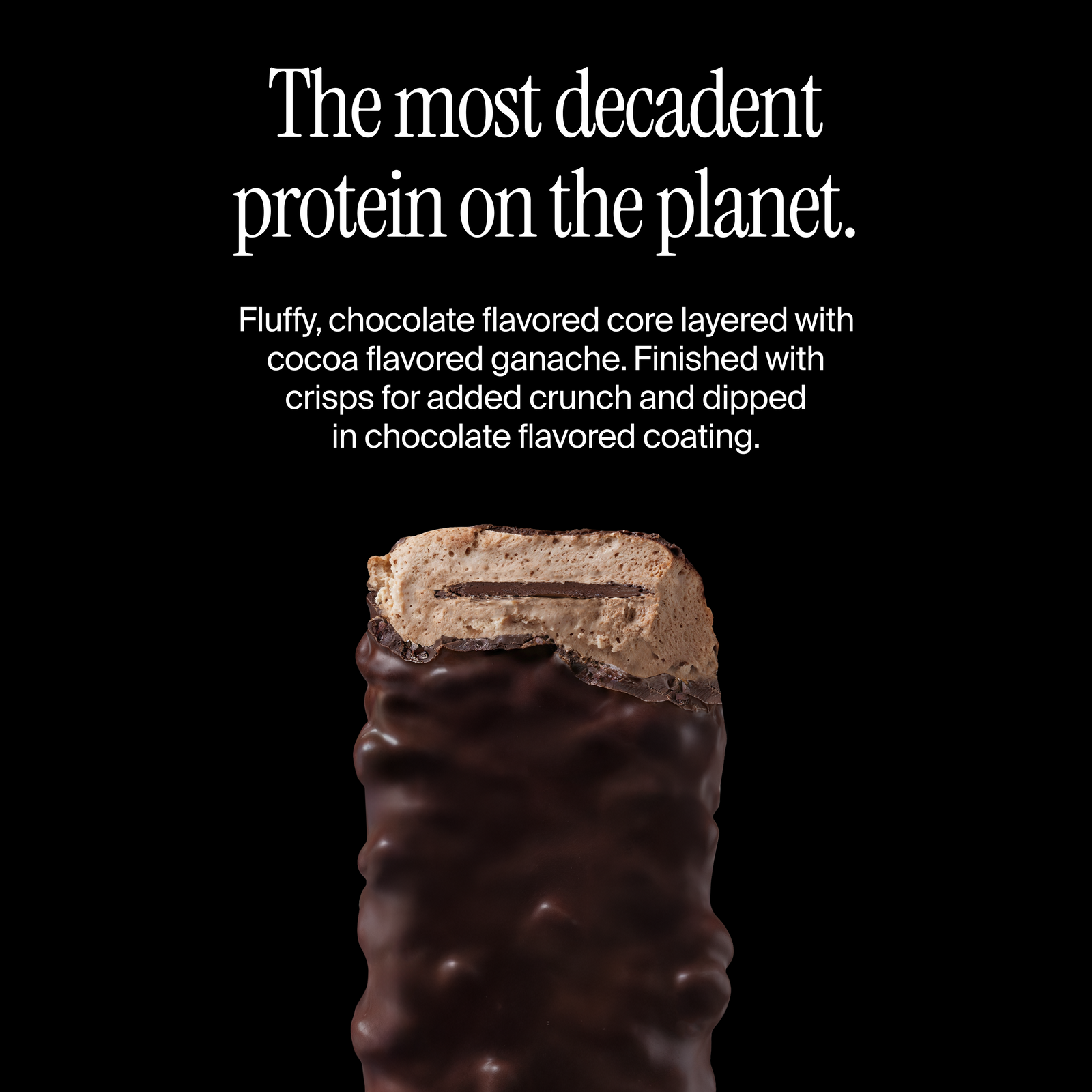 Cross-section of a David double chocolate flavored protein bar with a flavor description