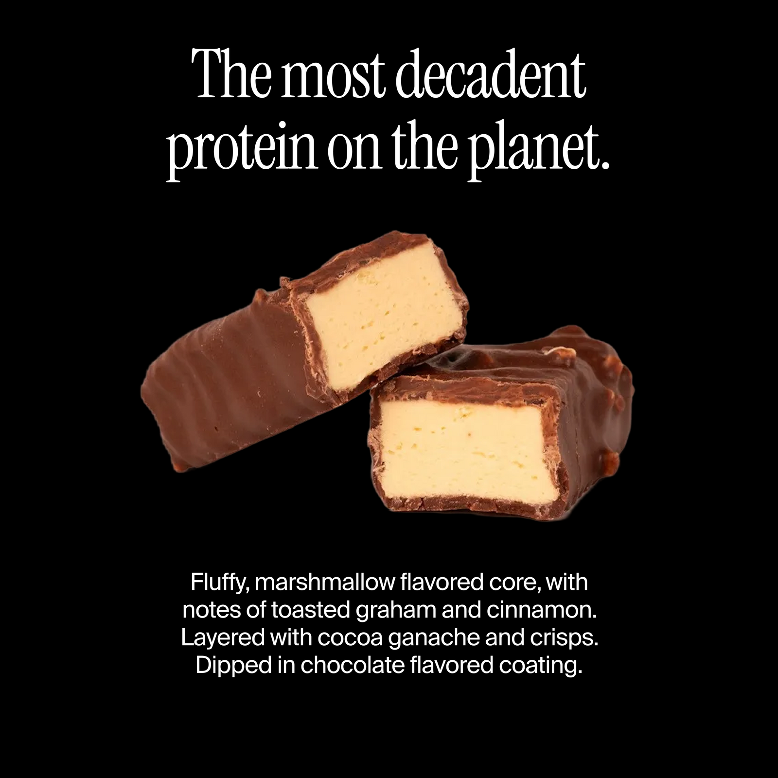 Cross-section of a David S'mores chocolate flavored protein bar with a flavor description
