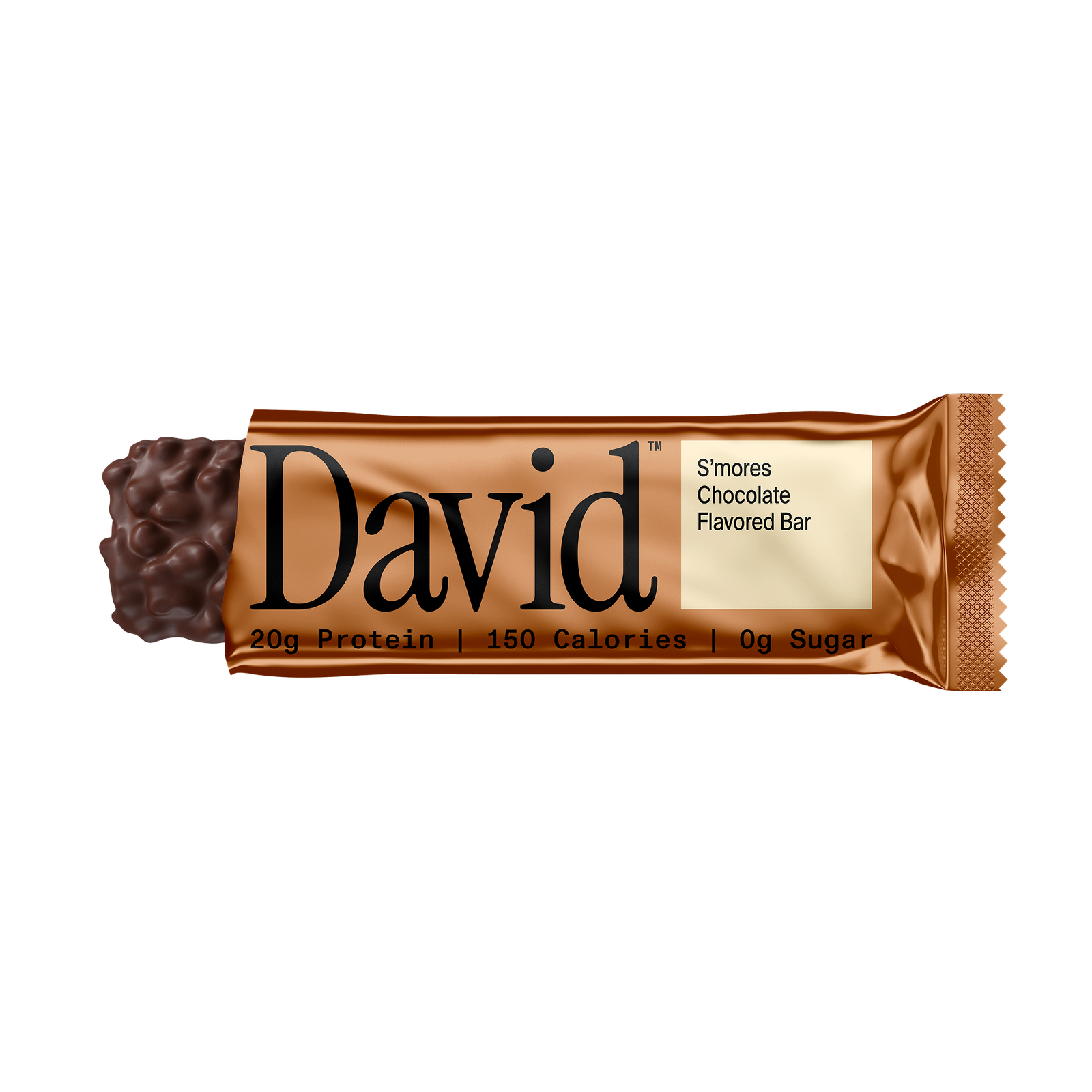 David S'mores Chocolate Flavored Protein Bar on a black background