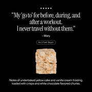 Cross-section of a David Cake Batter protein bar with a positive customer review and flavor description