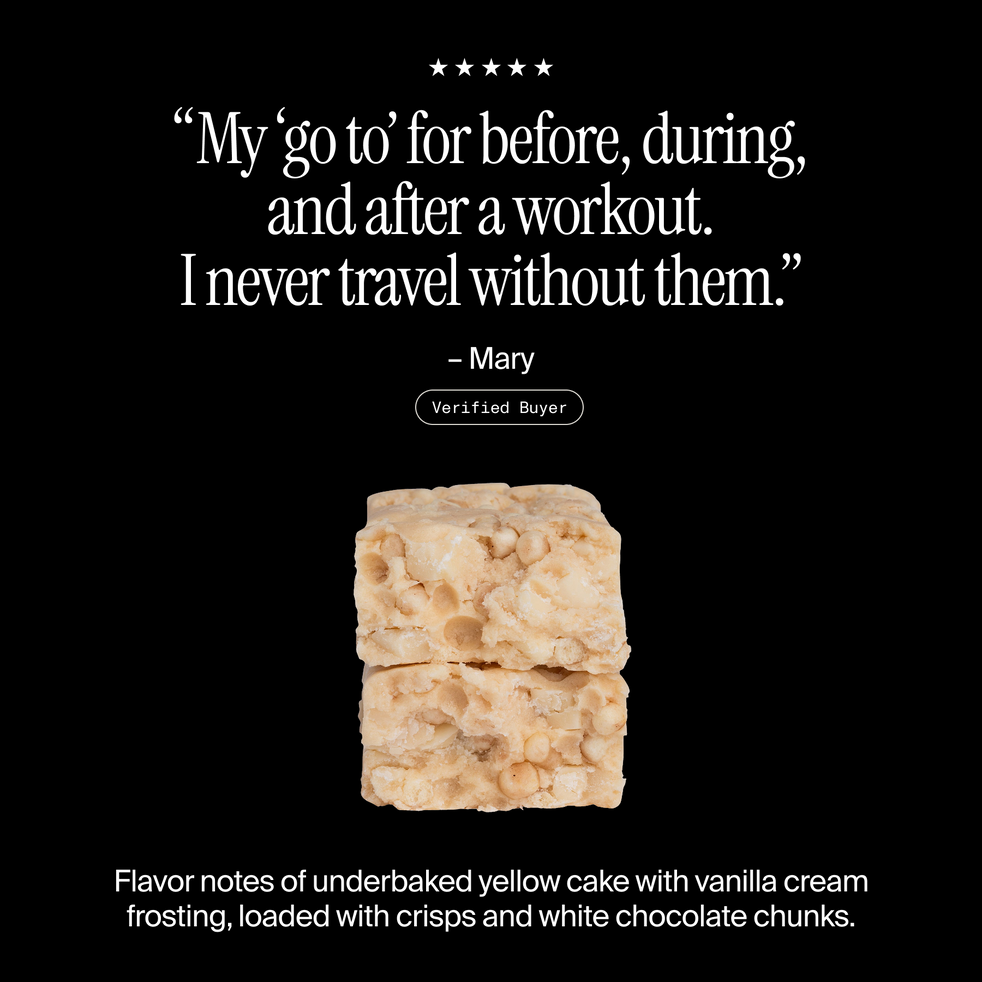 Cross-section of a David Cake Batter protein bar with a positive customer review and flavor description