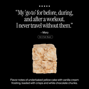 Cross-section of a David Cake Batter protein bar with a positive customer review and flavor description