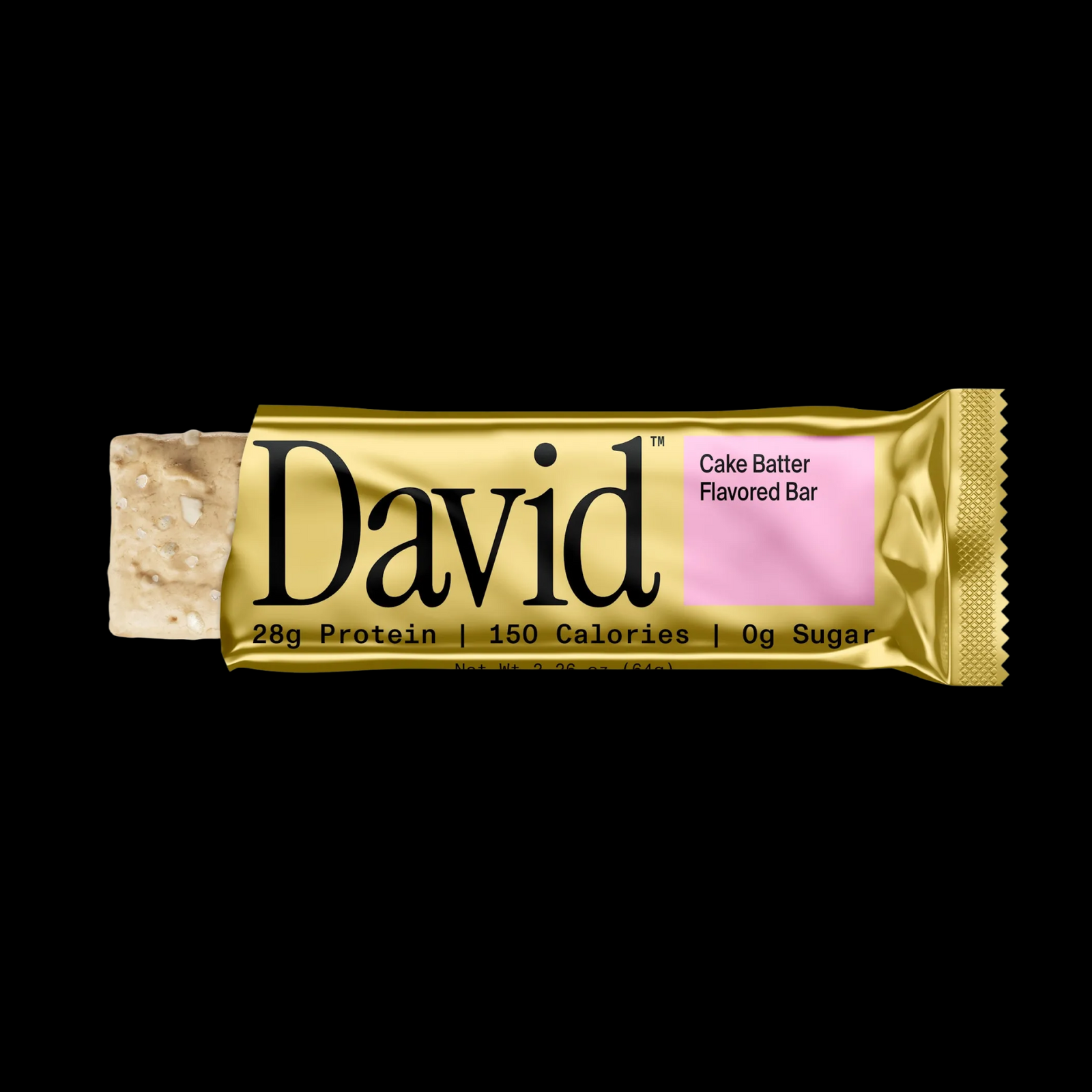David protein bar with cake batter flavor on a black background
