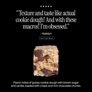 Cross-section of a David Chocolate Chip Cookie Dough protein bar with a positive customer review and flavor description