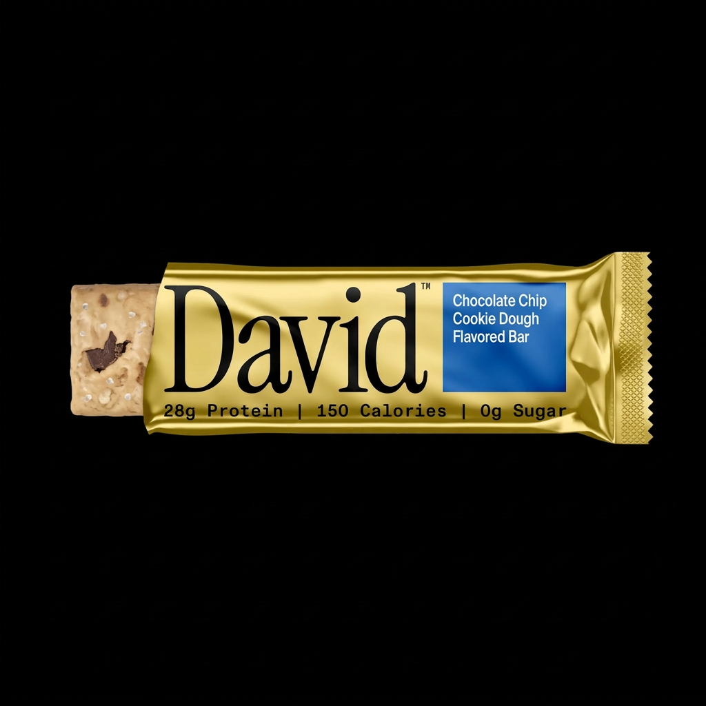 David chocolate chip cookie dough flavored protein bar on a black background