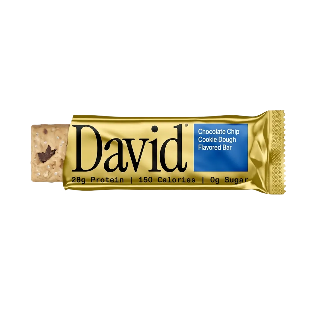 David chocolate chip cookie dough flavored protein bar on a black background
