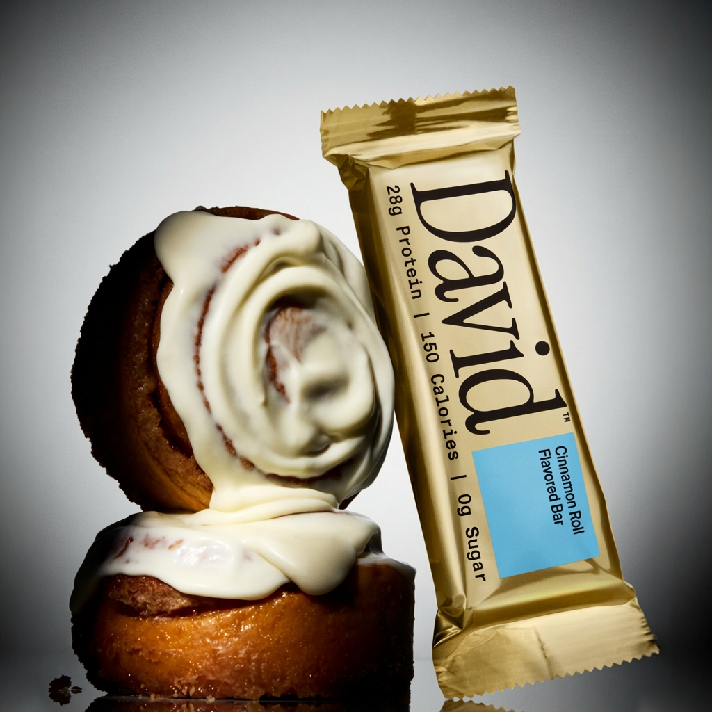 Cinnamon roll with cream cheese frosting and a David Cinnamon Roll flavored protein bar on a gray background