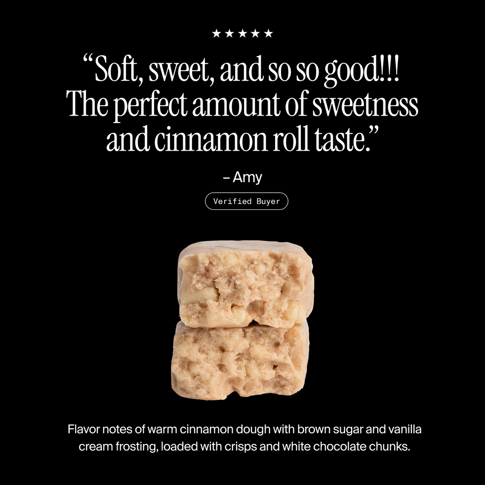 Cross-section of a David Cinnamon Roll flavored protein bar with a positive customer review and flavor description