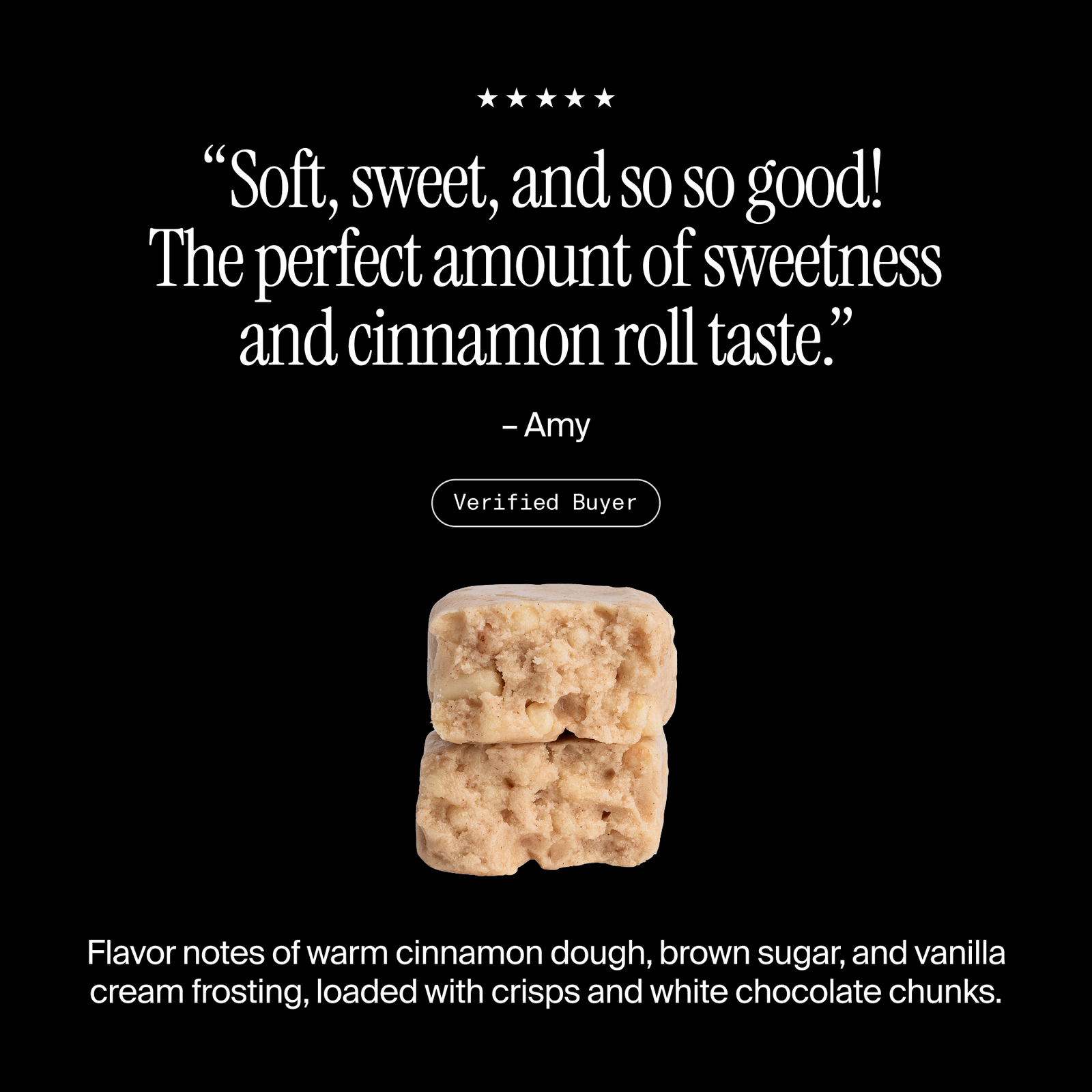 Cross-section of a David Cinnamon Roll flavored protein bar with a positive customer review and flavor description