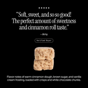 Cross-section of a David Cinnamon Roll flavored protein bar with a positive customer review and flavor description