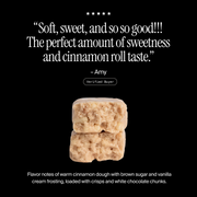 Cross-section of a David Cinnamon Roll flavored protein bar with a positive customer review and flavor description