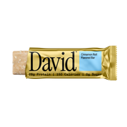 David protein bar with gold packaging on a black background