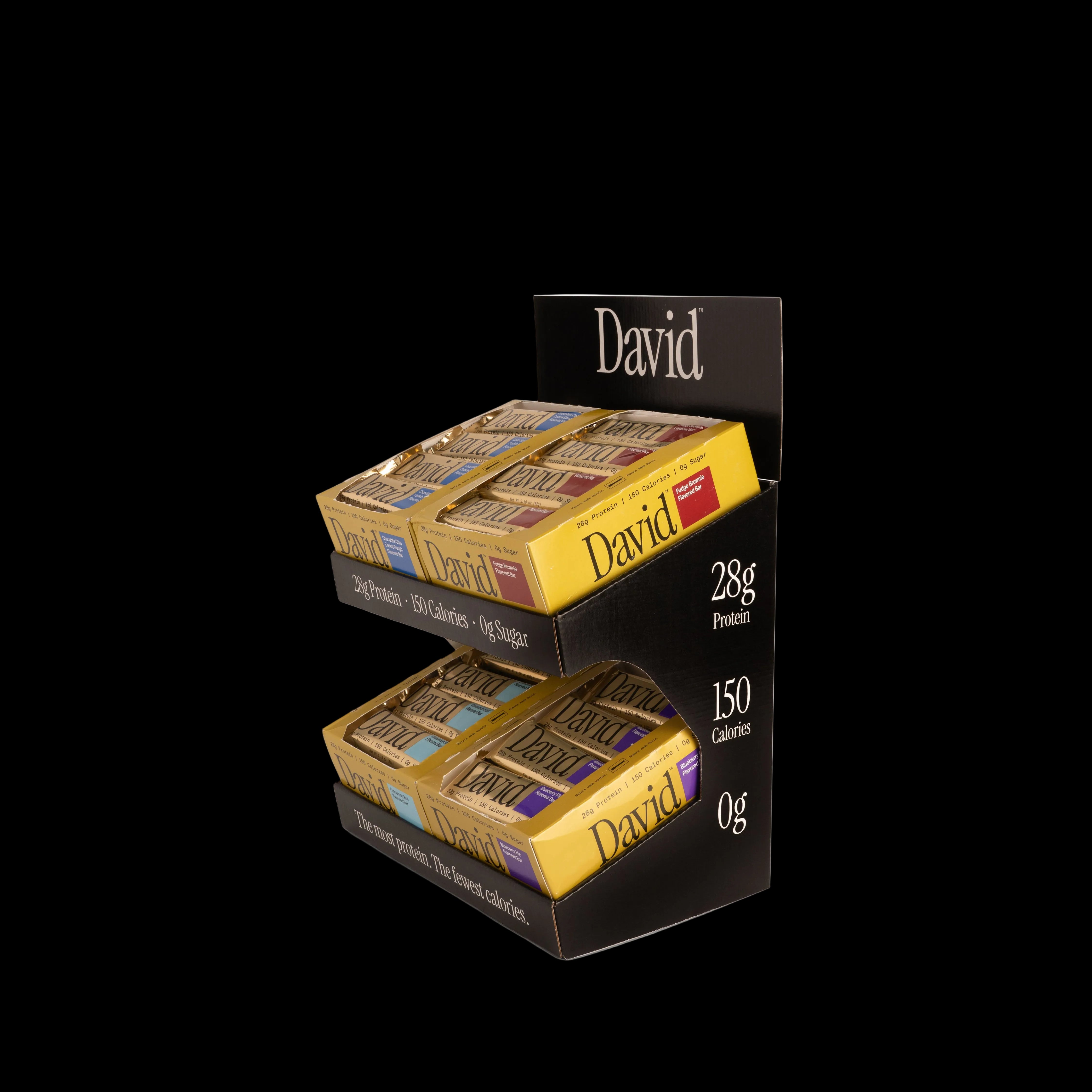 2 tier display with David bars and macros for protein, calories, and sugar