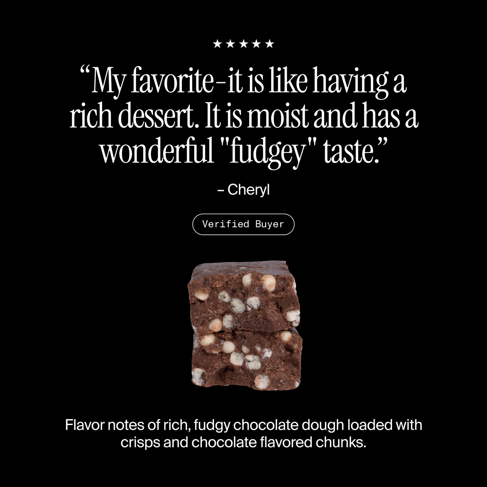 Cross-section of a David Fudge Brownie flavored protein bar with a positive customer review and flavor description