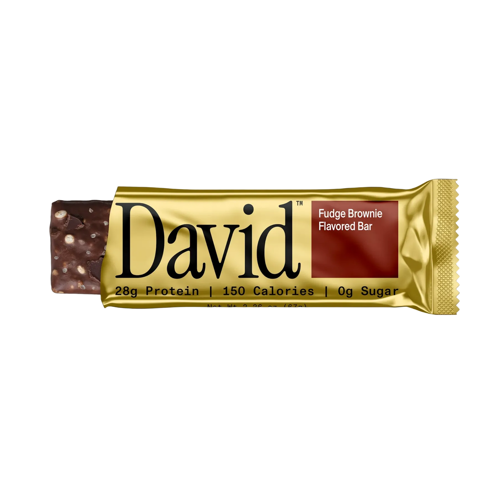 David Fudge Brownie flavored protein bar packaging on a black background