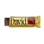 David Fudge Brownie flavored protein bar packaging on a black background