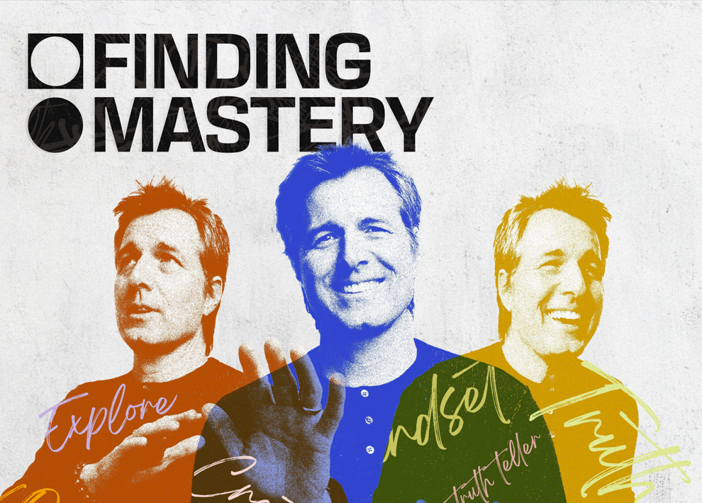 Three individuals with stylized text and a 'Finding Mastery' title on a textured background