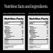 Nutrition facts and ingredients labels for Peanut Butter Chocolate Chunk and Chocolate Chip Cookie Dough bars