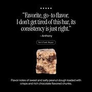 Cross-section of a David Peanut Butter Chocolate Chunk flavored protein bar with a positive customer review and flavor description