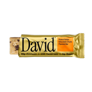David Peanut Butter Chocolate Chunk flavored protein bar on a black background