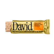 David Peanut Butter Chocolate Chunk flavored protein bar on a black background