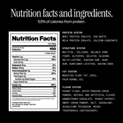 Nutrition facts and ingredients. 53% of calories from protein. with nutritional information on a black background