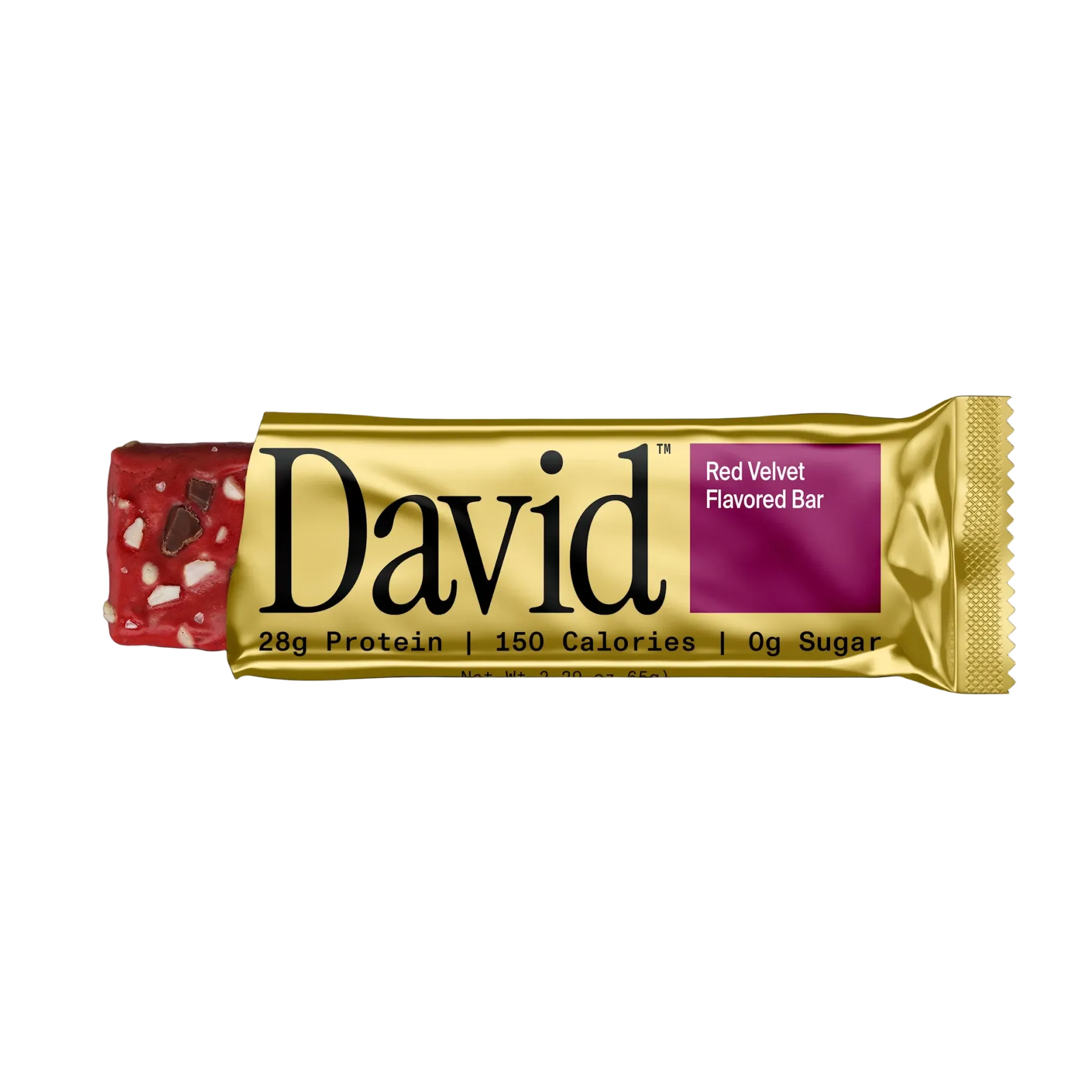 David Red Velvet flavored protein bar packaging on a black background