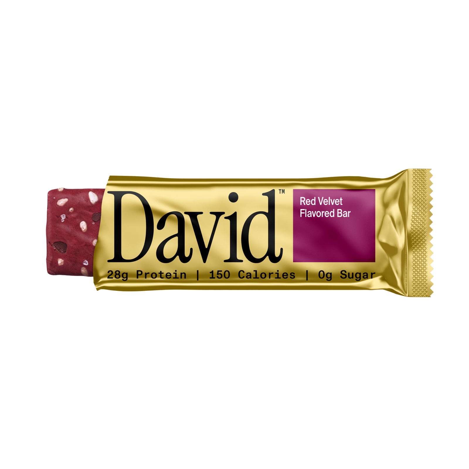 David Red Velvet flavored protein bar packaging on a black background