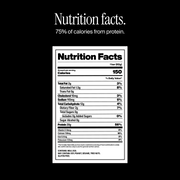 Nutrition facts and ingredients. 75% of calories from protein. with nutritional information on a black background