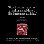 Cross-section of a David Red Velvet flavored protein bar with a positive customer review and flavor description