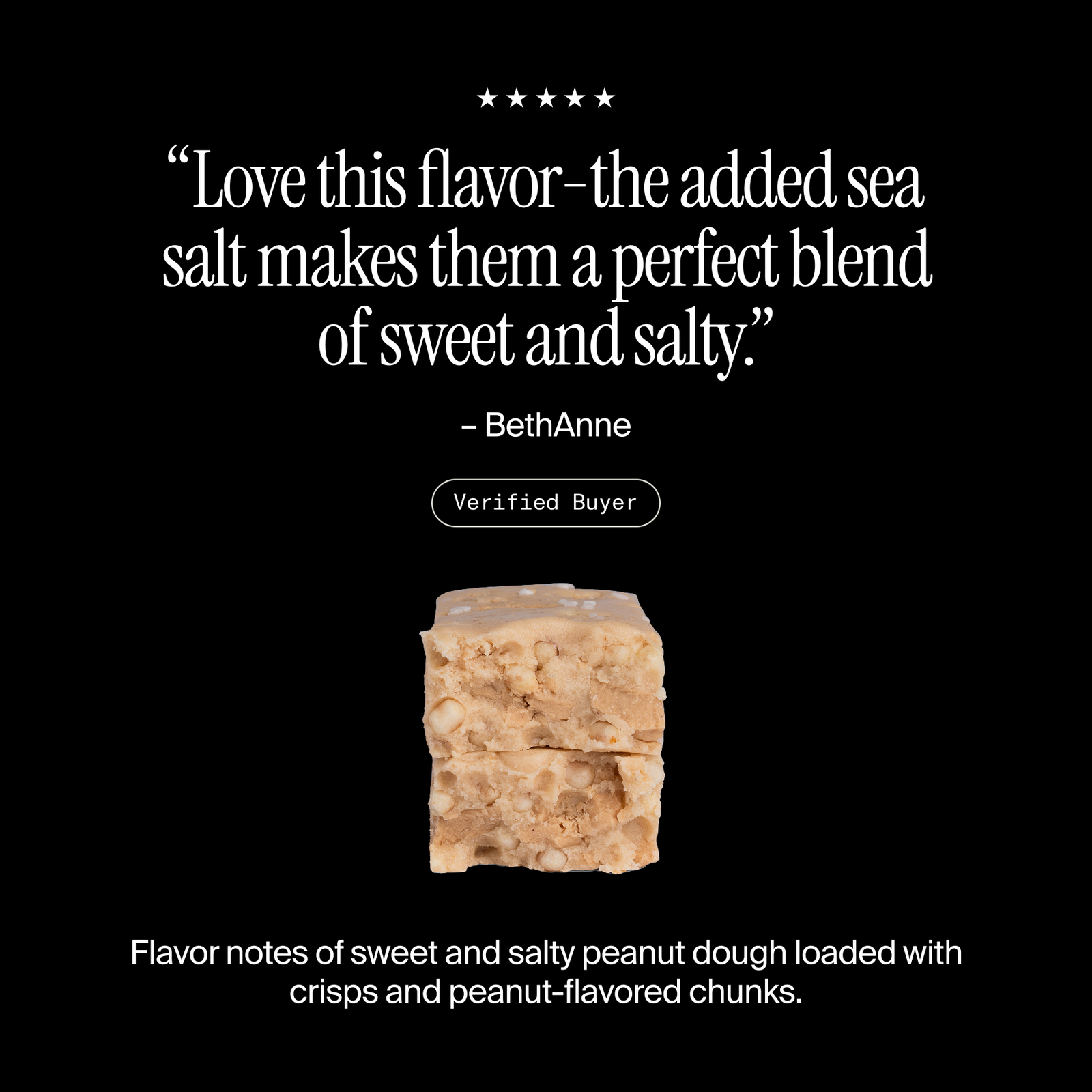 Cross-section of a David Salted Peanut Butter protein bar with a positive customer review and flavor description