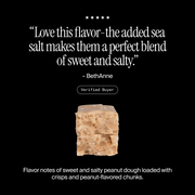Cross-section of a David Salted Peanut Butter protein bar with a positive customer review and flavor description