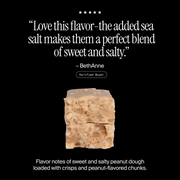 Cross-section of a David Salted Peanut Butter protein bar with a positive customer review and flavor description