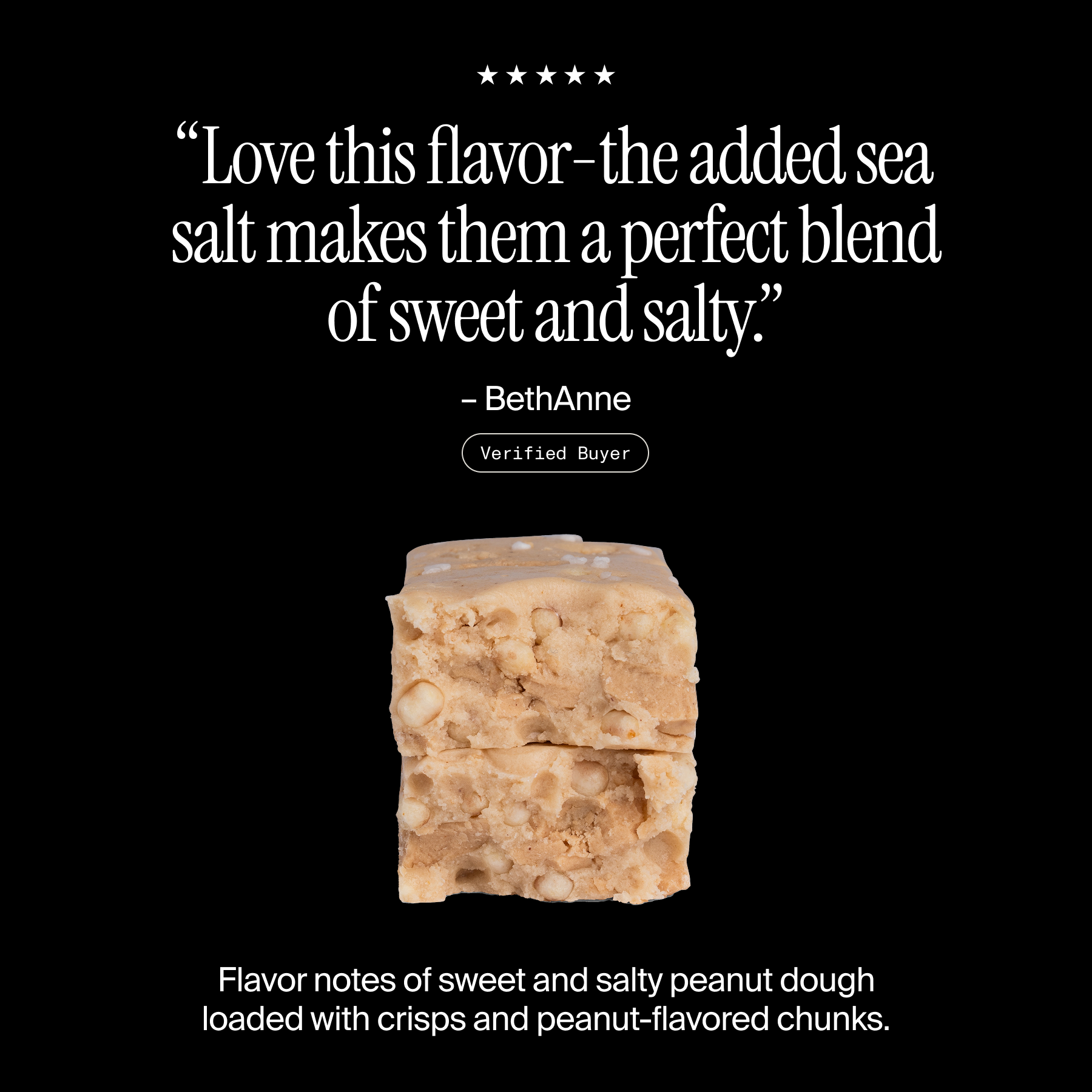 Cross-section of a David Salted Peanut Butter protein bar with a positive customer review and flavor description