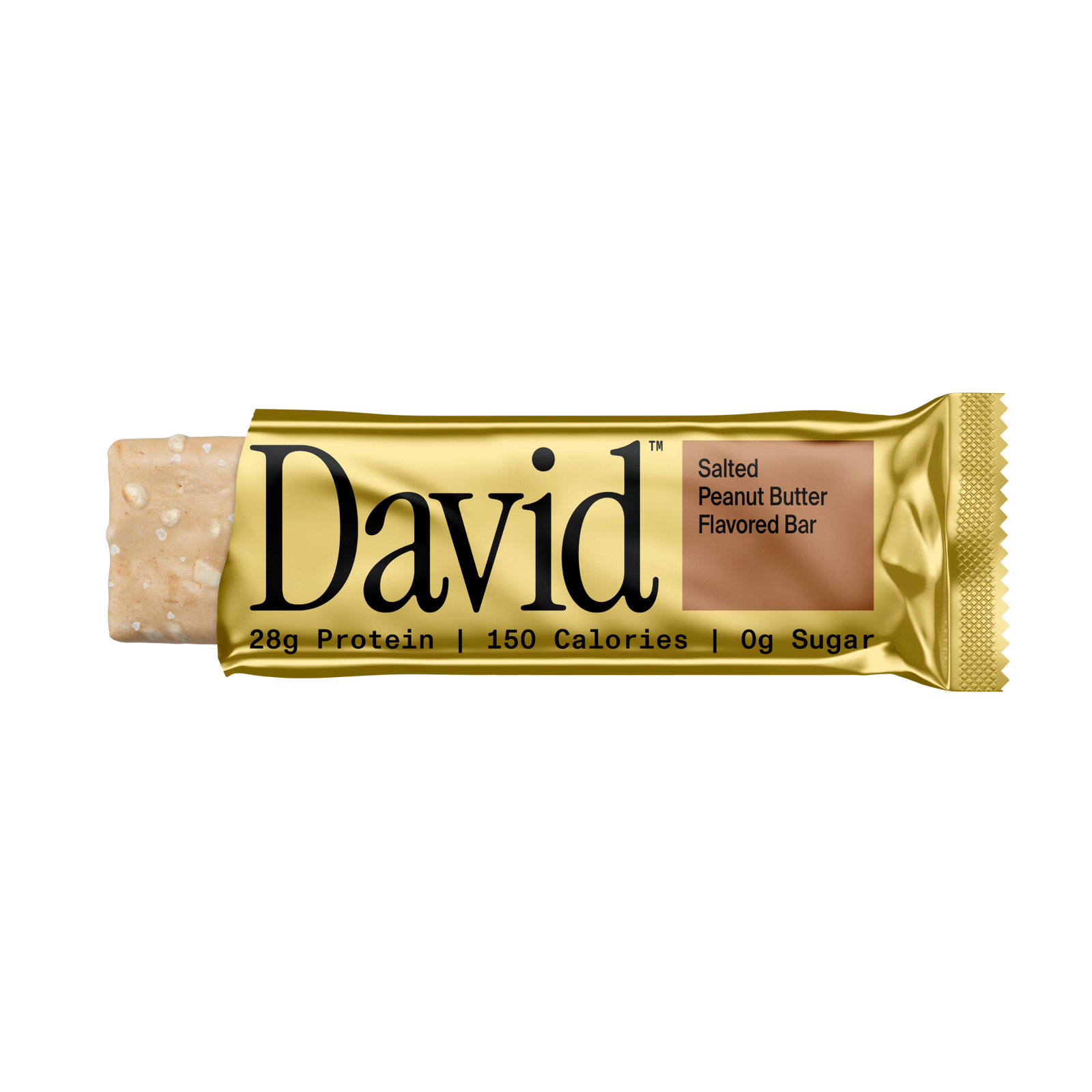 David protein bar with gold wrapper on a black background
