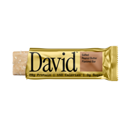 David protein bar with gold wrapper on a black background