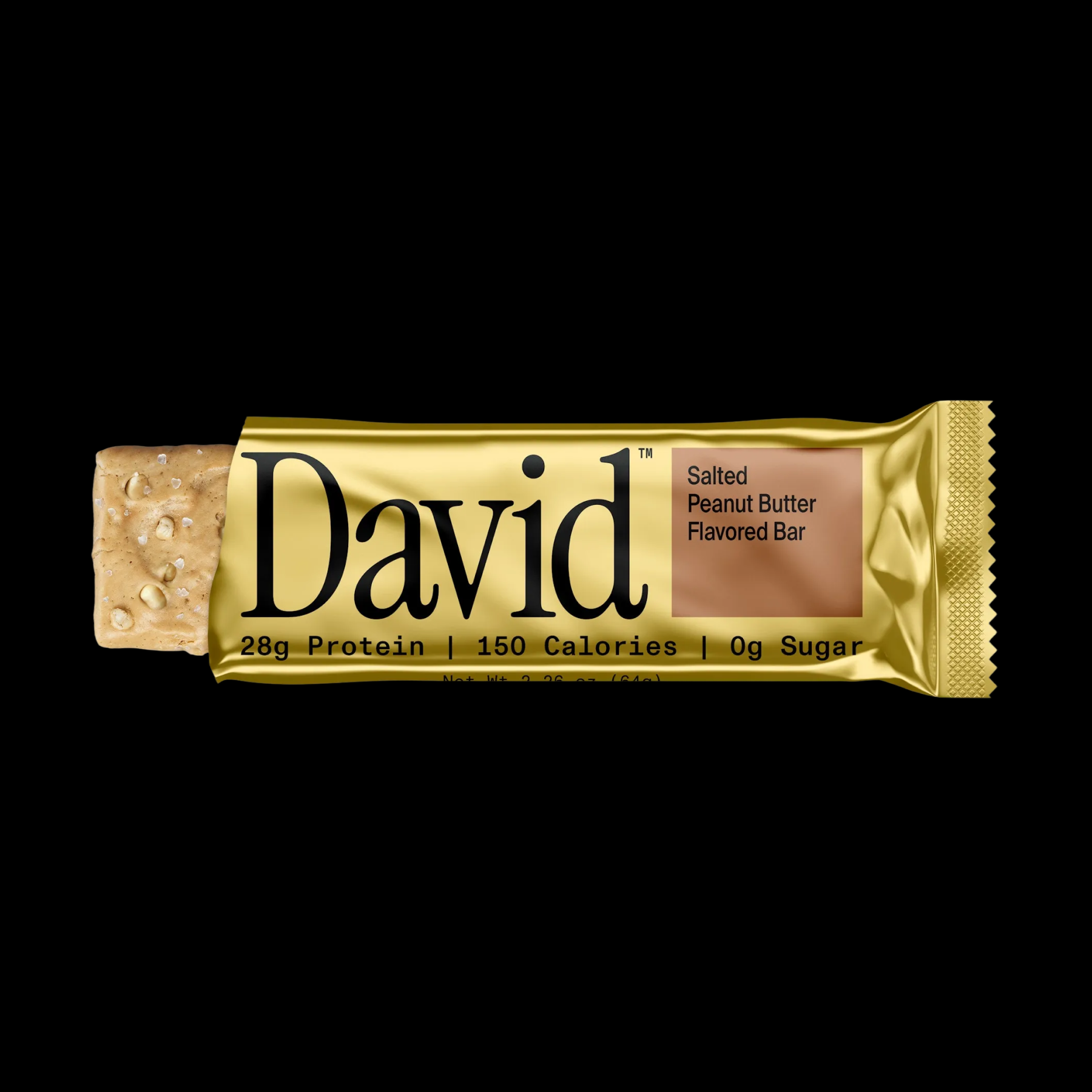 David protein bar with gold wrapper on a black background
