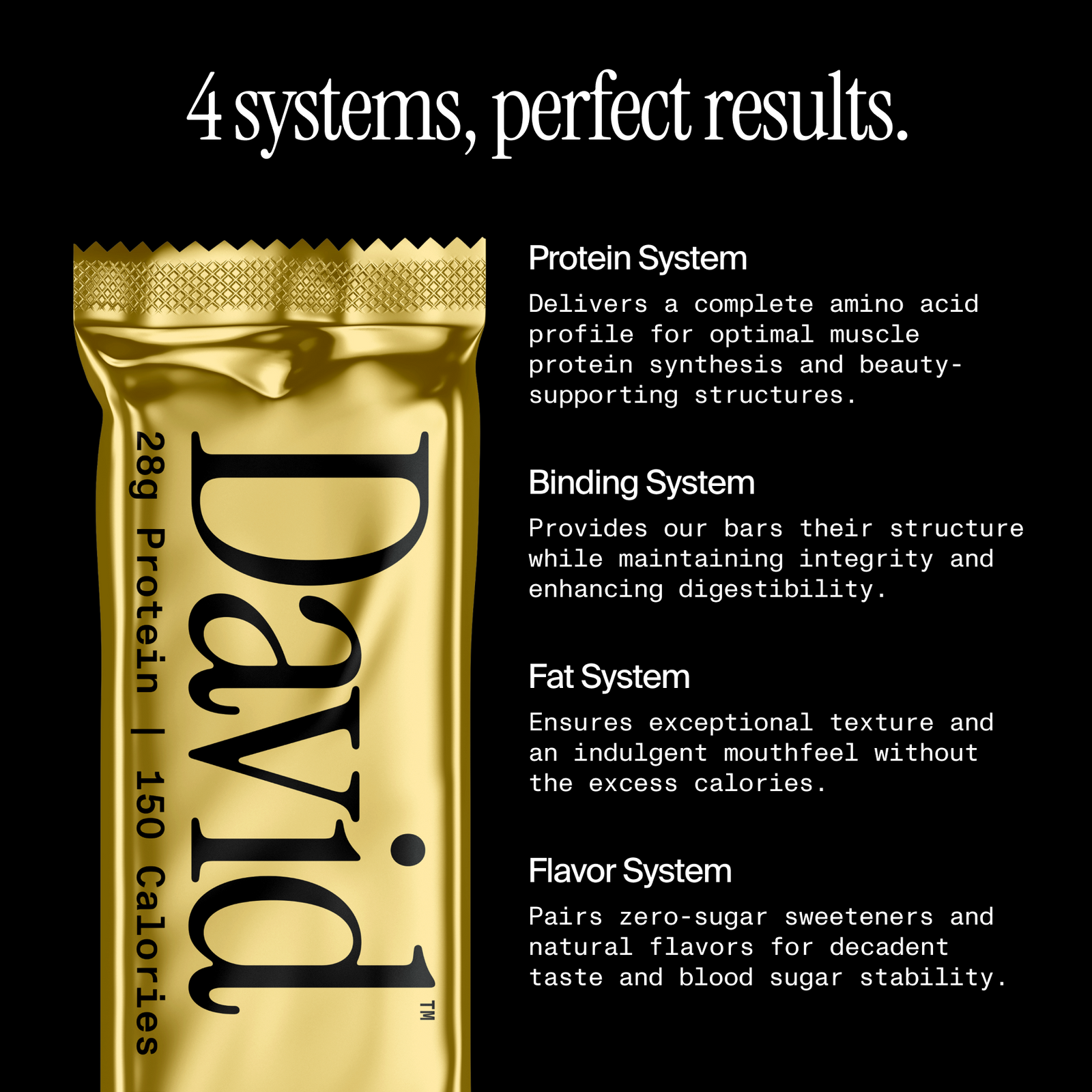 Gold “4 Systems” mid-size promotional graphic showcasing key functional benefits of David Protein bars.